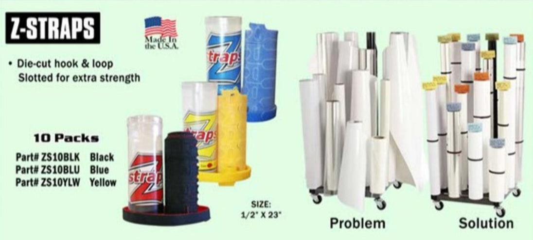 Z-Straps packaging with various colors and a display stand on a green background.