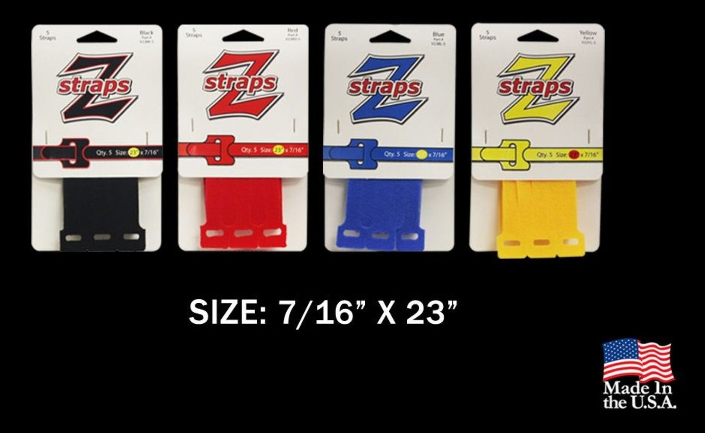 Four packages of Z Straps with different color options on a white background.