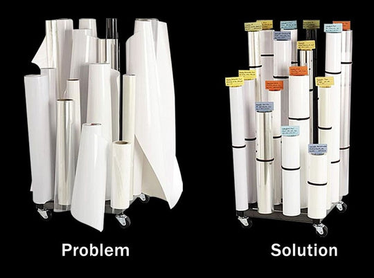 Comparison of paper storage problem on the left and solution on the right with labeled 'Problem' and 'Solution'.