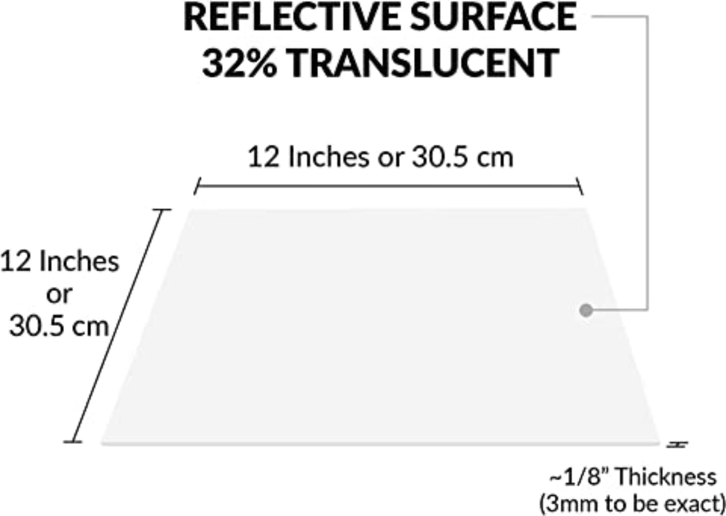 Measurement chart for a reflective surface with dimensions and thickness details.