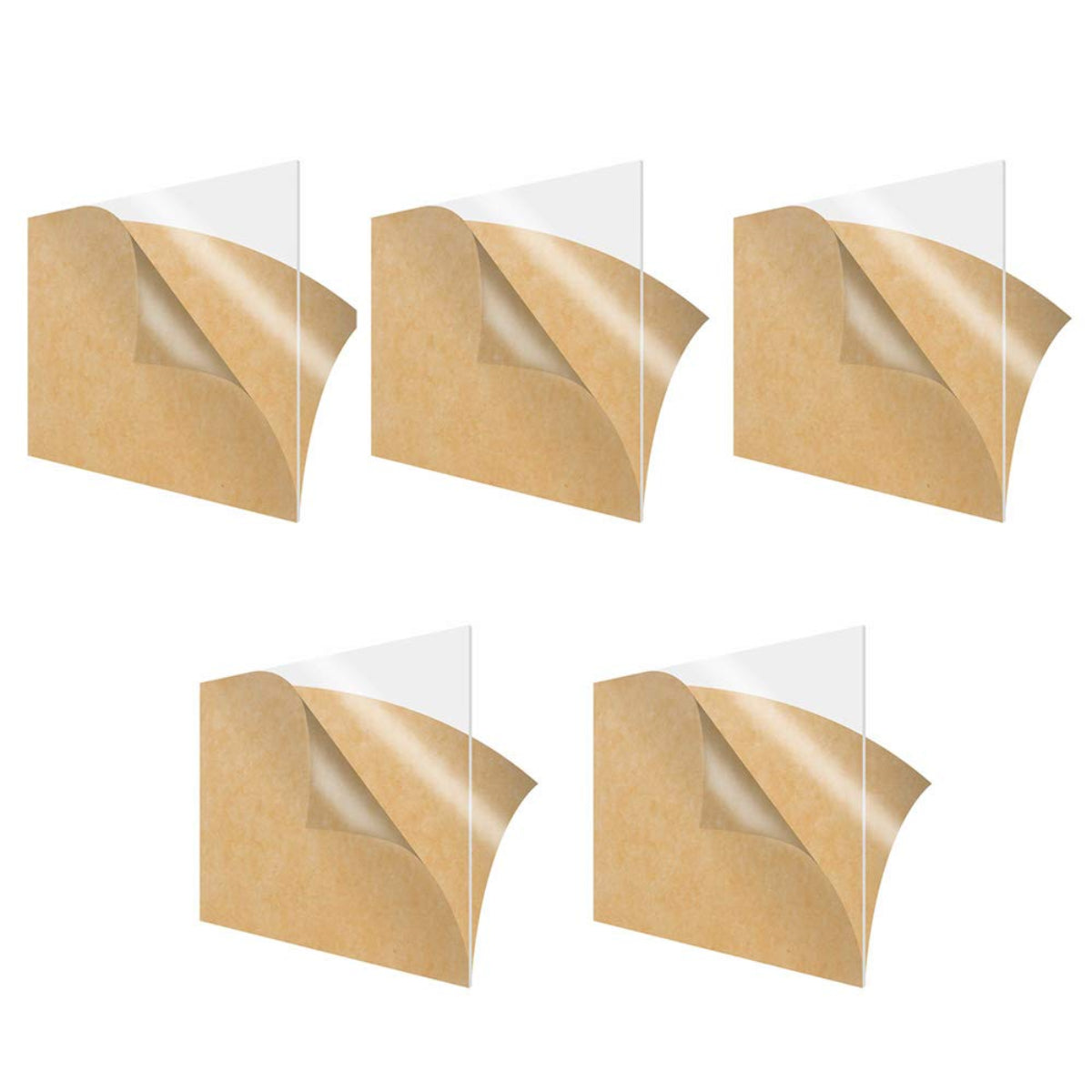 Five brown paper sheets with white adhesive strips on a white background