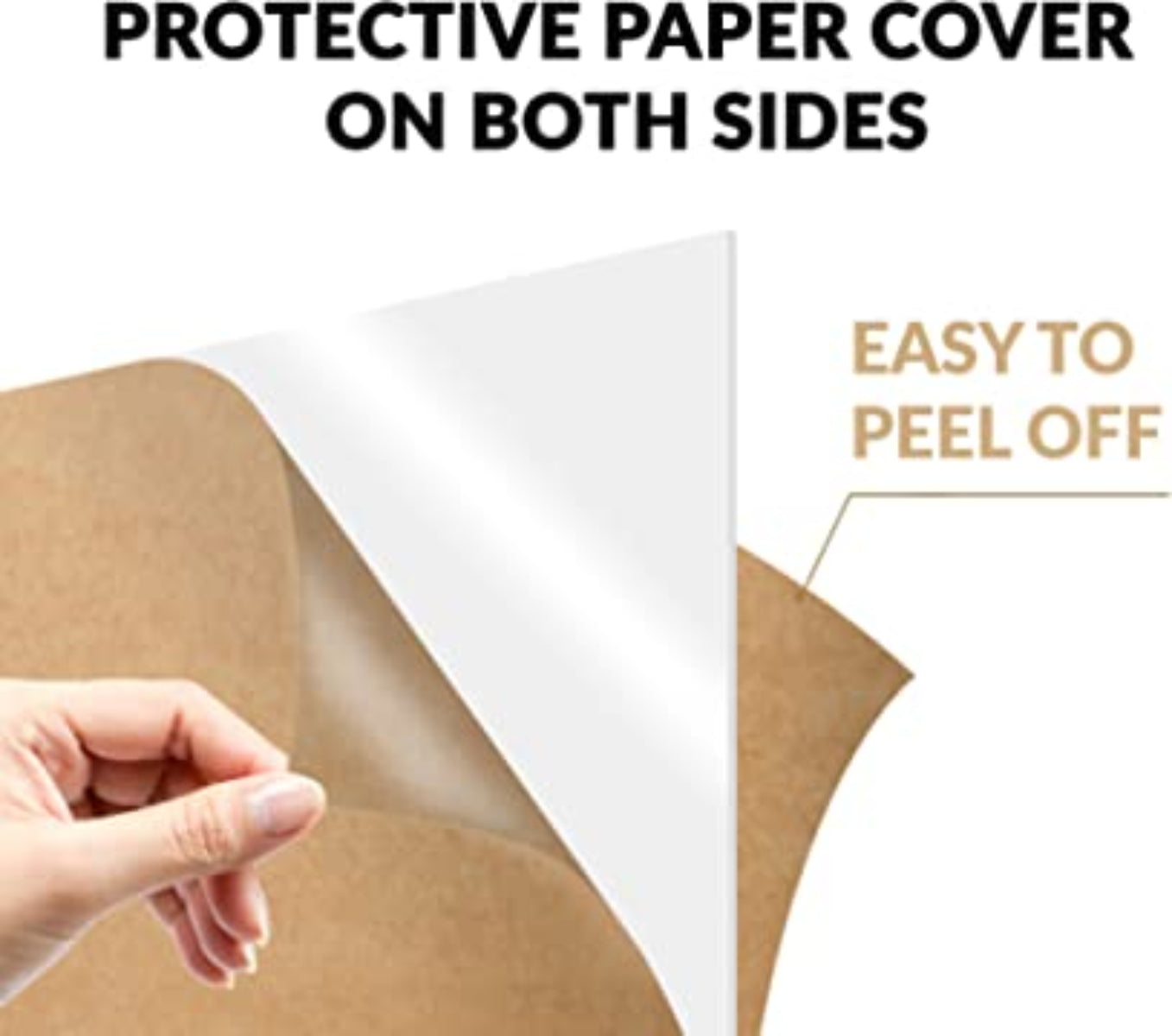 Hand peeling a protective paper cover from a product, with text indicating 'Protective paper cover on both sides' and 'Easy to peel off'.