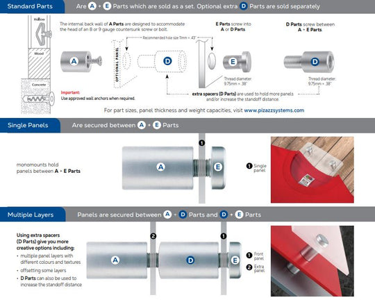 Pizazz Aluminum Mono-Mounts Natural X-Large 1" A&E 2-Pk